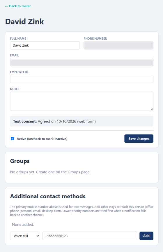 Administrator record showing text consent agreed on 10/16/2026 by web form