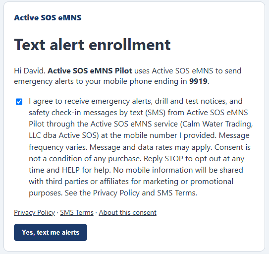 Online enrollment form with the consent box checked by the person