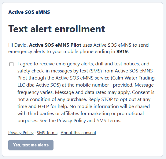 Online enrollment form with the consent box unchecked and the submit button disabled