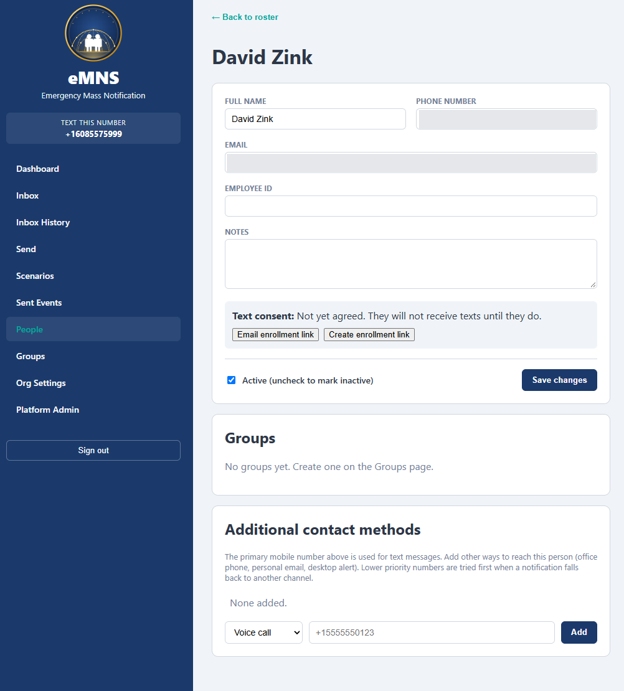 Administrator screen showing a person who has not yet agreed to texts, with buttons to email or create a one-time enrollment link
